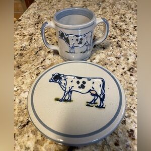 Louisville Stoneware 2 handled child’s mug & trivet/wall hanging in cow design.